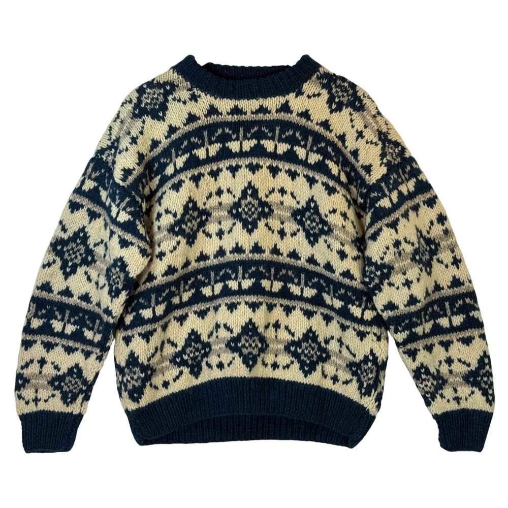 Hand Knit Wool Sweater Nordic Fair Isle Chunky Blue Cream Heavy Knit Unisex M/L